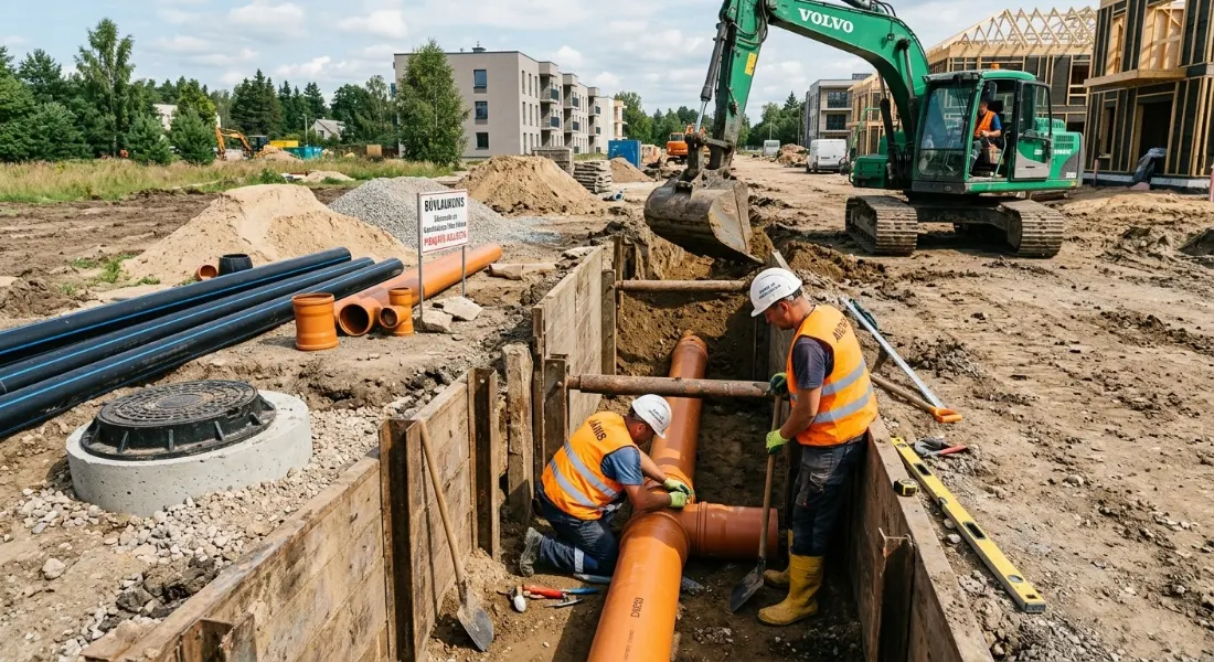 Kanalizācijas cauruļu guldīšana tranšejā